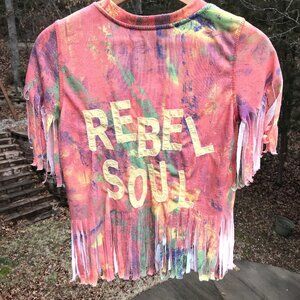 Spring Summer Top, Upcycled Rebel Soul Shirt, Fringy Hems Tie Dye, Size Small